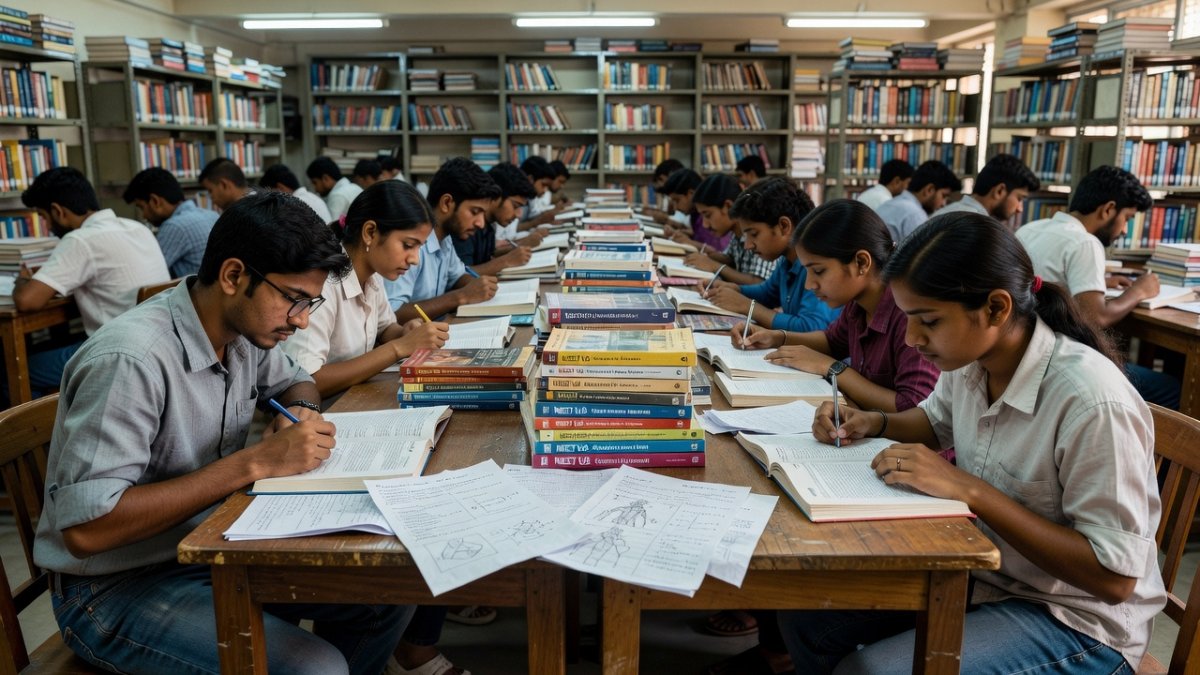 Medical students studying for NEET UG exam in a library