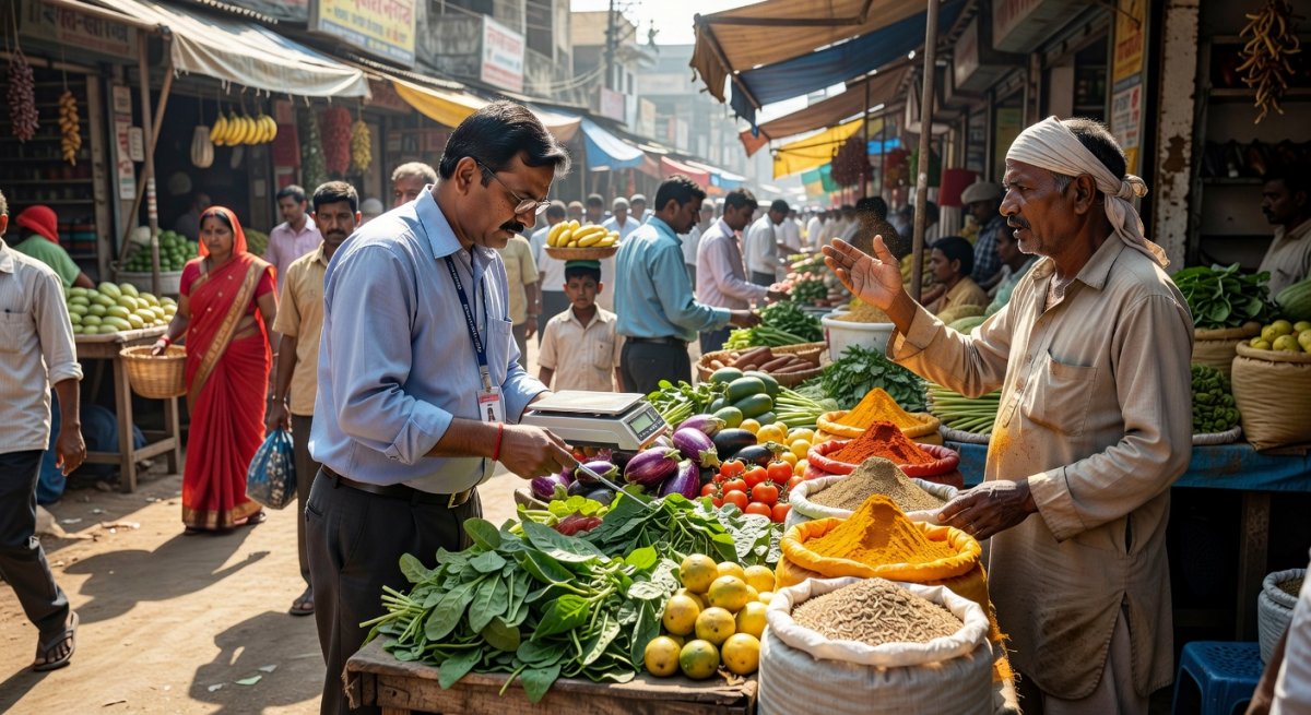 Indian market with vegetables and spices subject to food safety inspection
