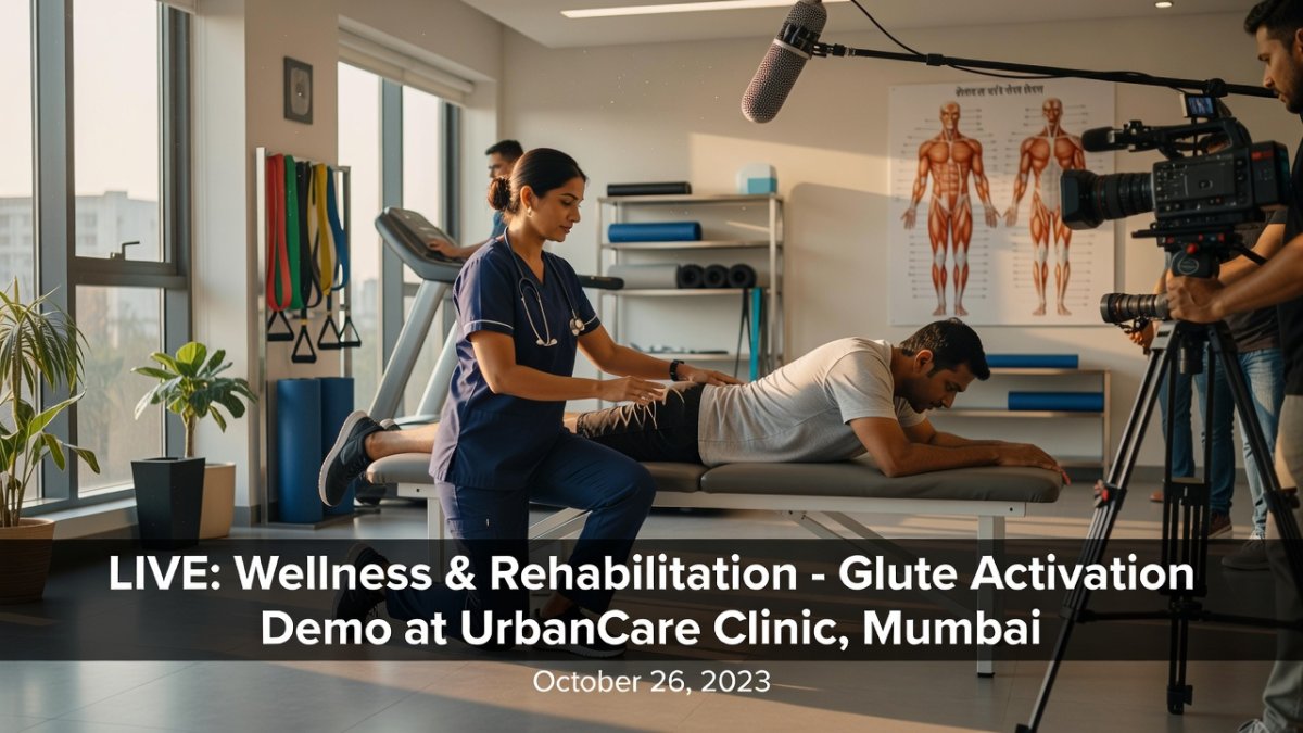 Indian physiotherapist demonstrating glute activation exercises to a patient in clinic