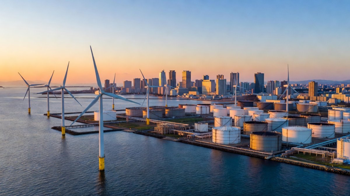 Japanese energy infrastructure with wind turbines and industrial landscape