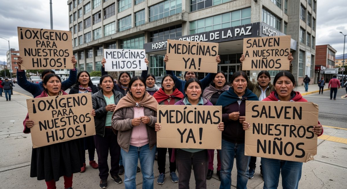 Parents protesting outside La Paz hospital demanding oxygen and medicines for their children