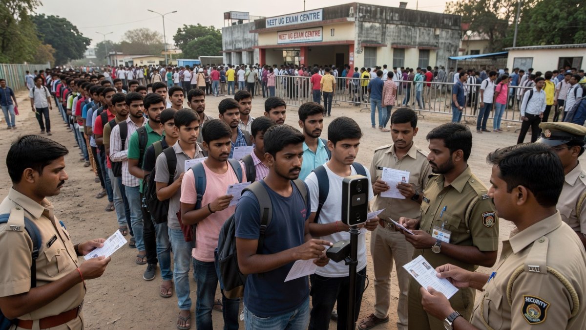 Candidates undergoing biometric verification and facial recognition at NEET UG exam centre