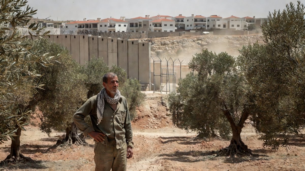 Palestinian farmer in the occupied West Bank tending land near settlement areas