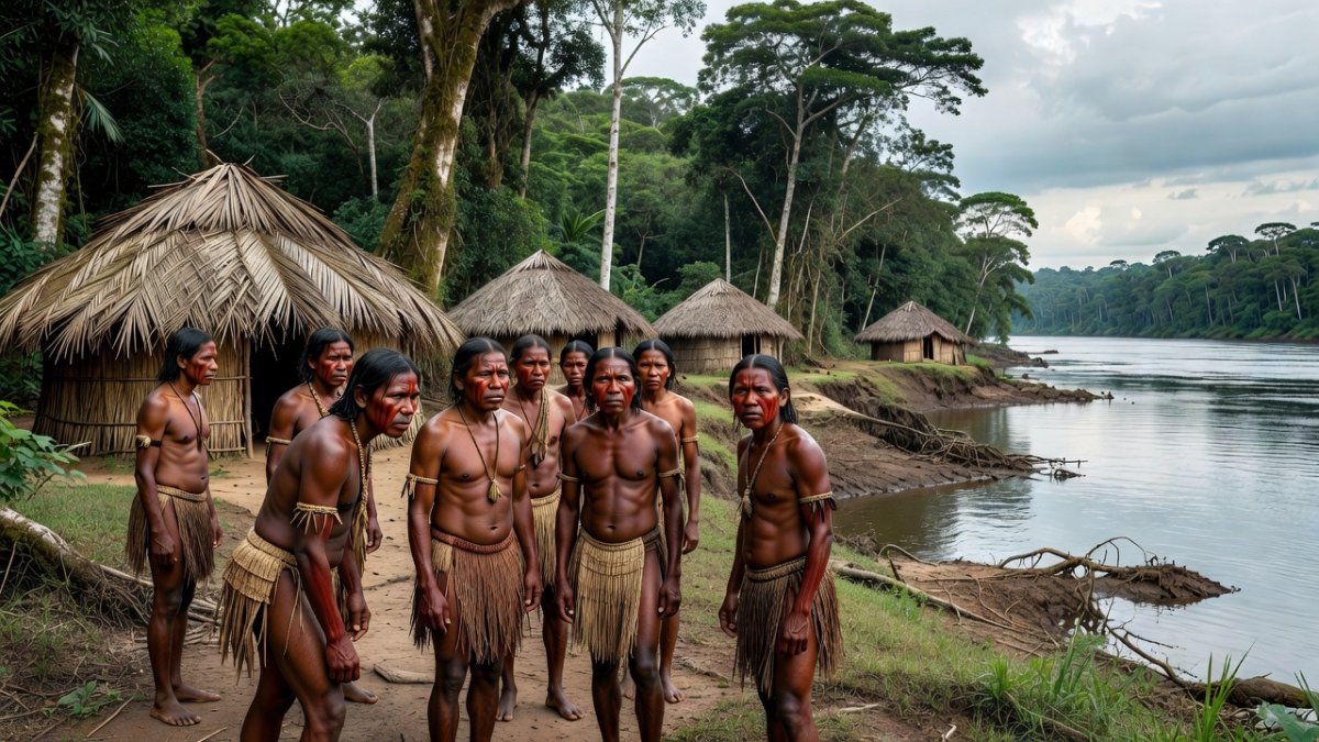 Yanomami community members near river affected by illegal gold mining mercury contamination