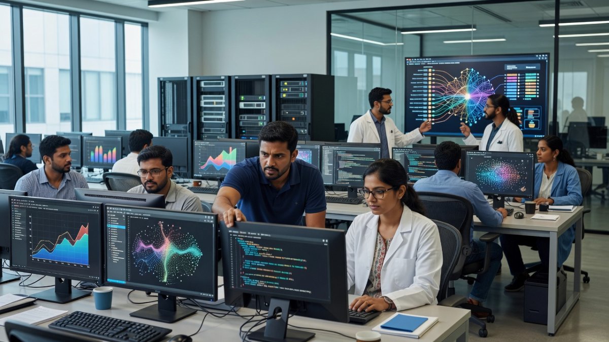 Indian data scientists and engineers working on AI models in a modern tech laboratory