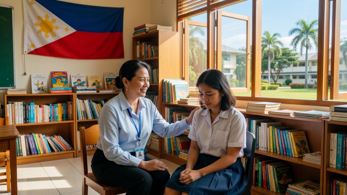 Filipino school counselor providing mental health support