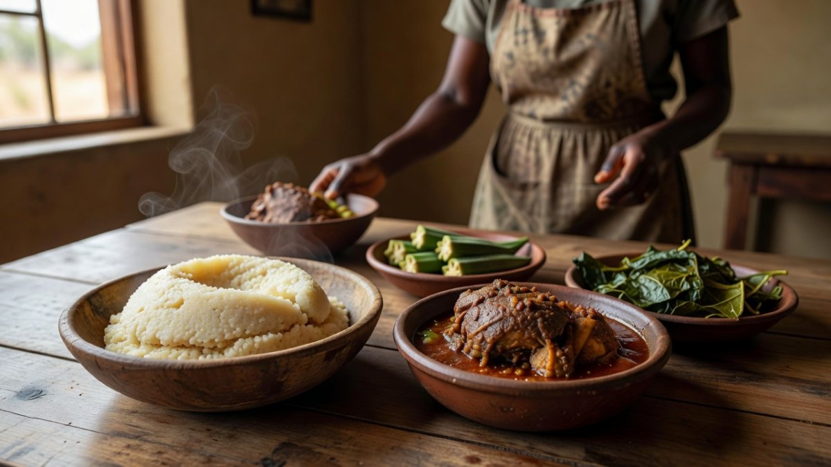Sorghum porridge and village chicken served traditionally