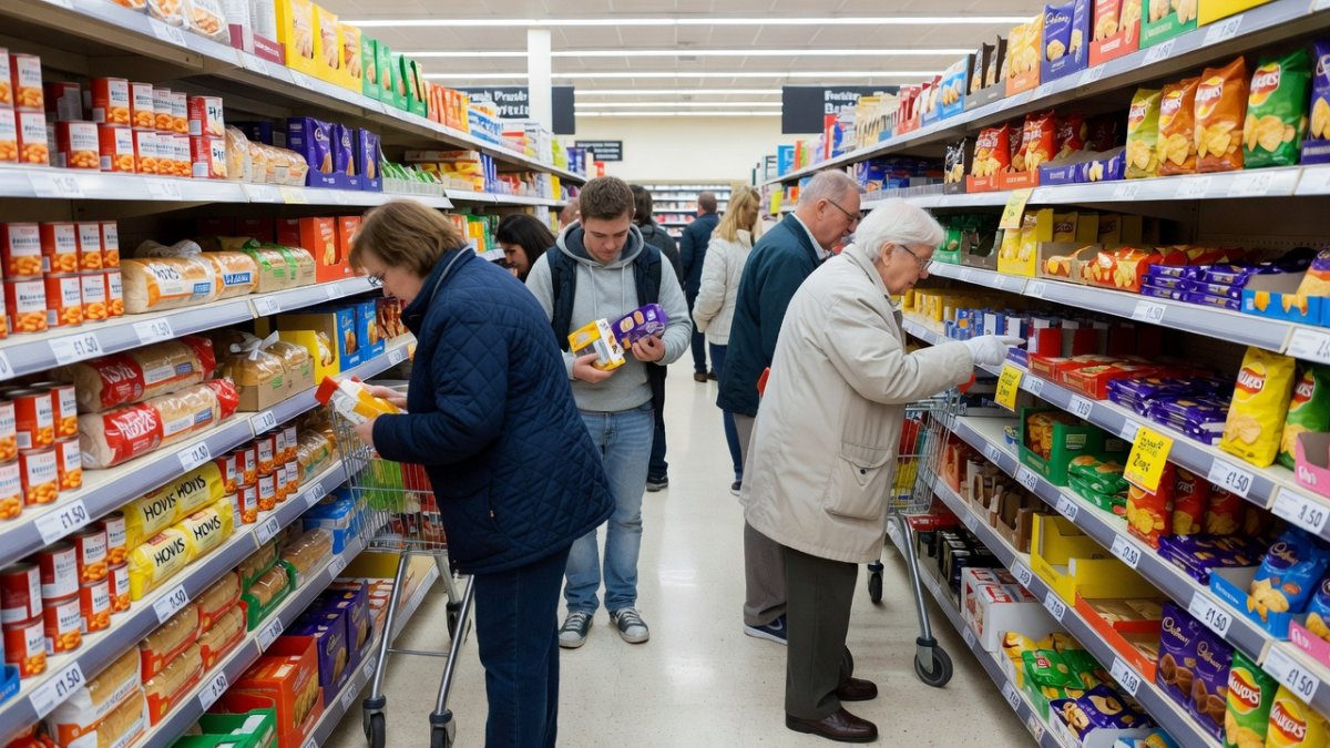 UK supermarket aisle with shoppers and price tags