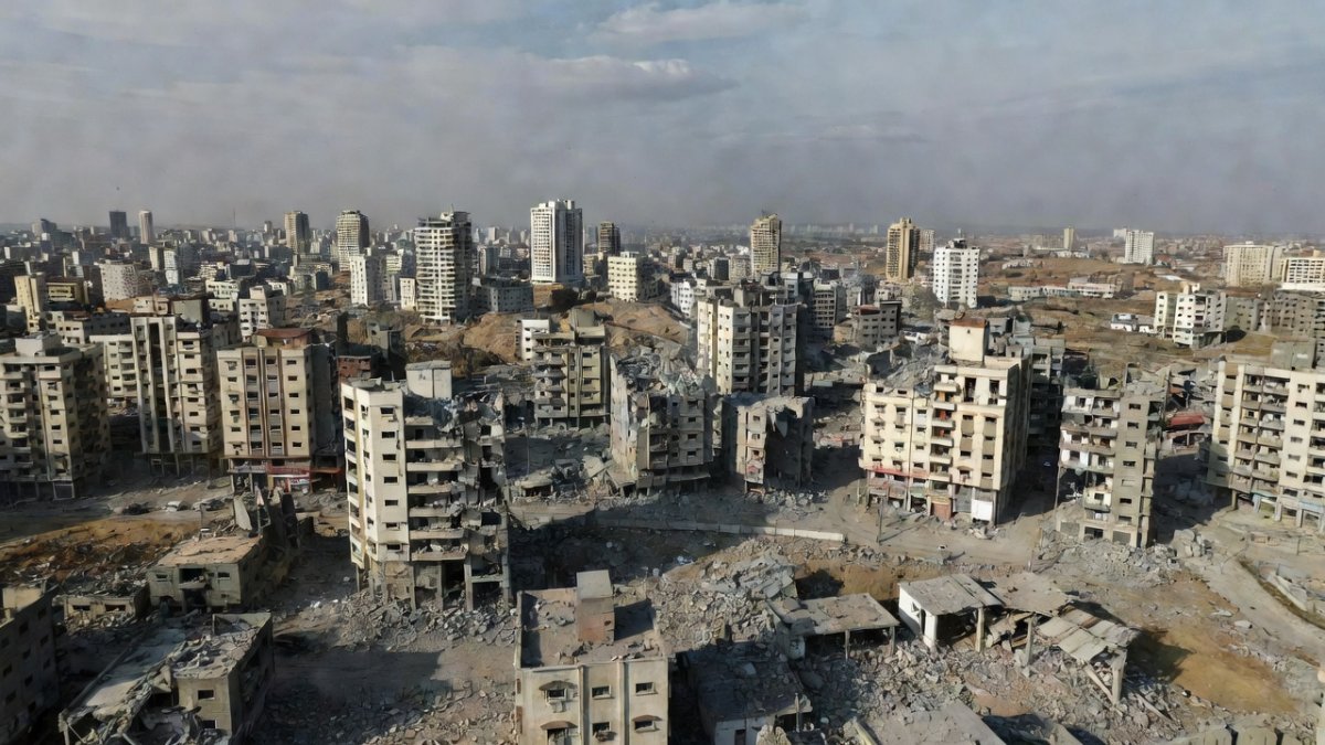Gaza City skyline showing damaged buildings from ongoing conflict