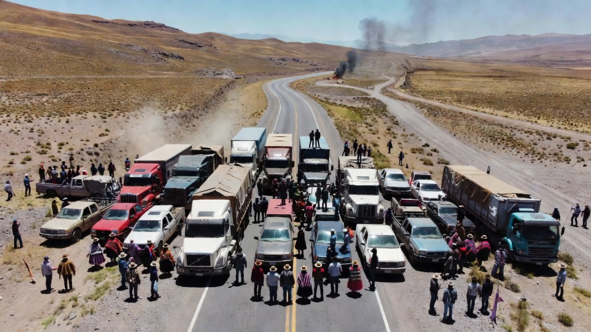 Aerial view of road blockades on highways near La Paz, Bolivia, after 50 days of anti-government protests