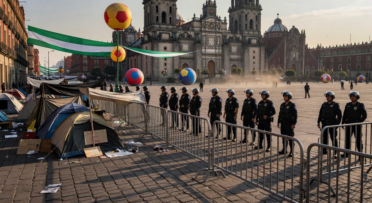Teachers' union defaces World Cup statues, installs sit-in within blocks of Zocalo