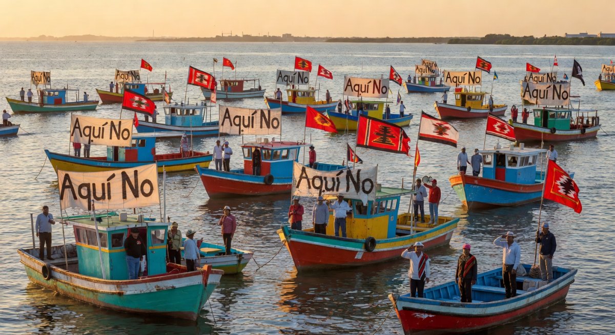 Fishing boats protest the ammonia plant during Día de la Marina celebration in Topolobampo Bay