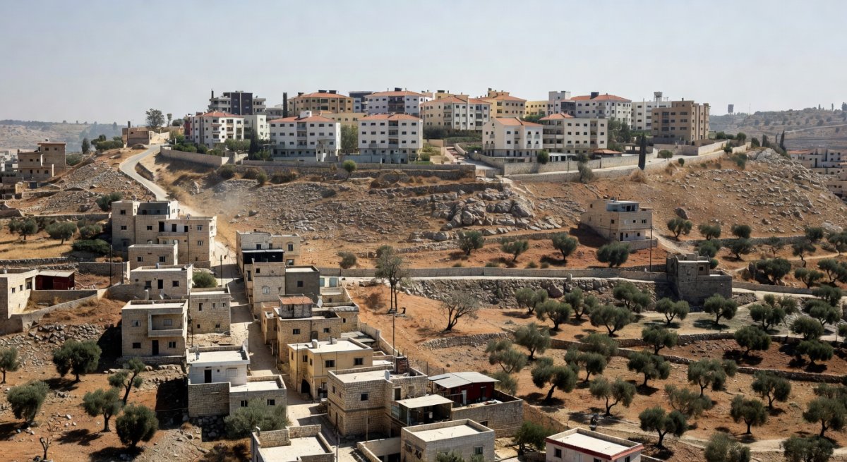 Documentary view of the occupied West Bank landscape showing Palestinian territory near settlements