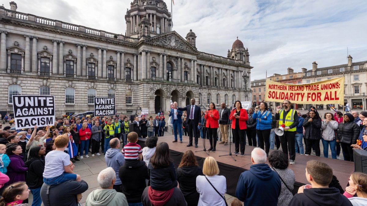Speakers addressing the crowd at the anti-racism rally in Belfast
