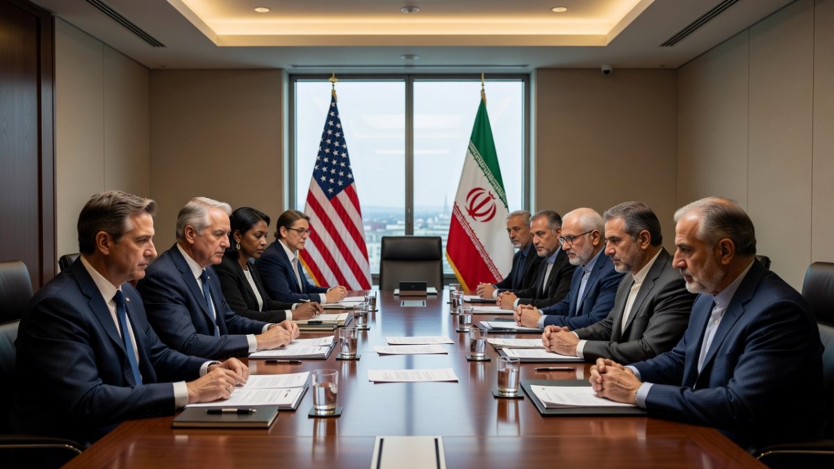 US and Iranian diplomats at negotiations in Switzerland with national flags