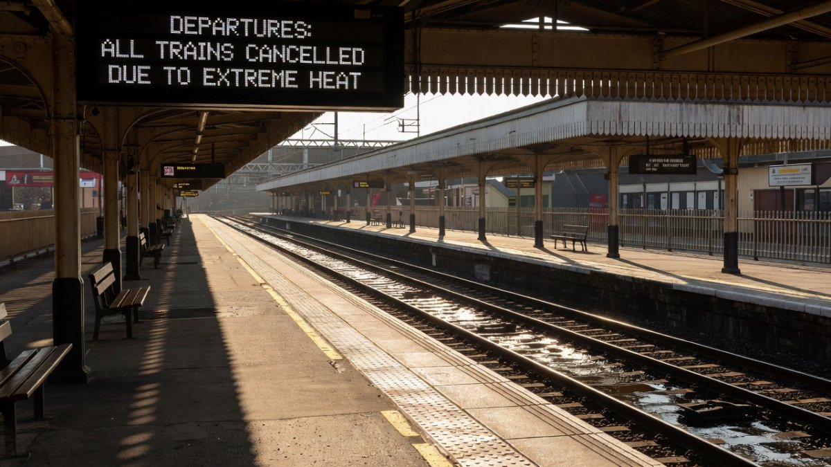 UK train station departure board showing cancelled services due to extreme heat