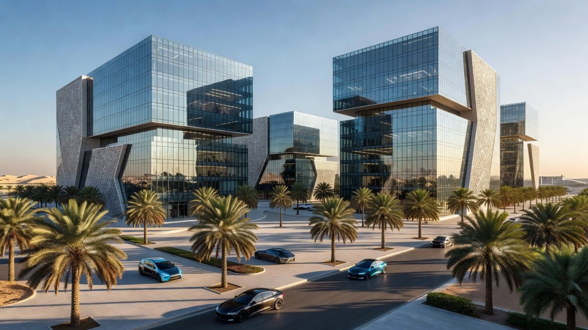 Modern AI research campus in the UAE with glass buildings and high-tech architecture