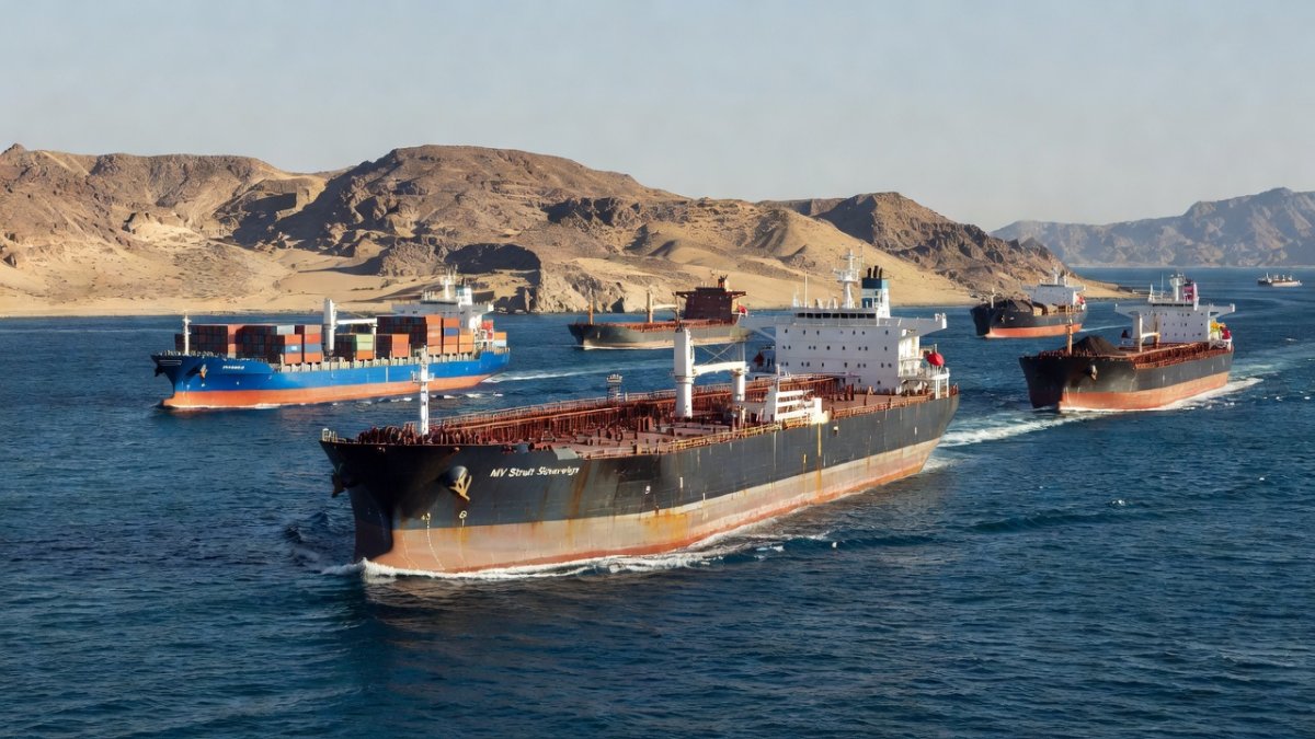 Aerial view of oil tankers and cargo ships navigating the Strait of Hormuz, with demining operations underway after the US-Iran peace deal.
