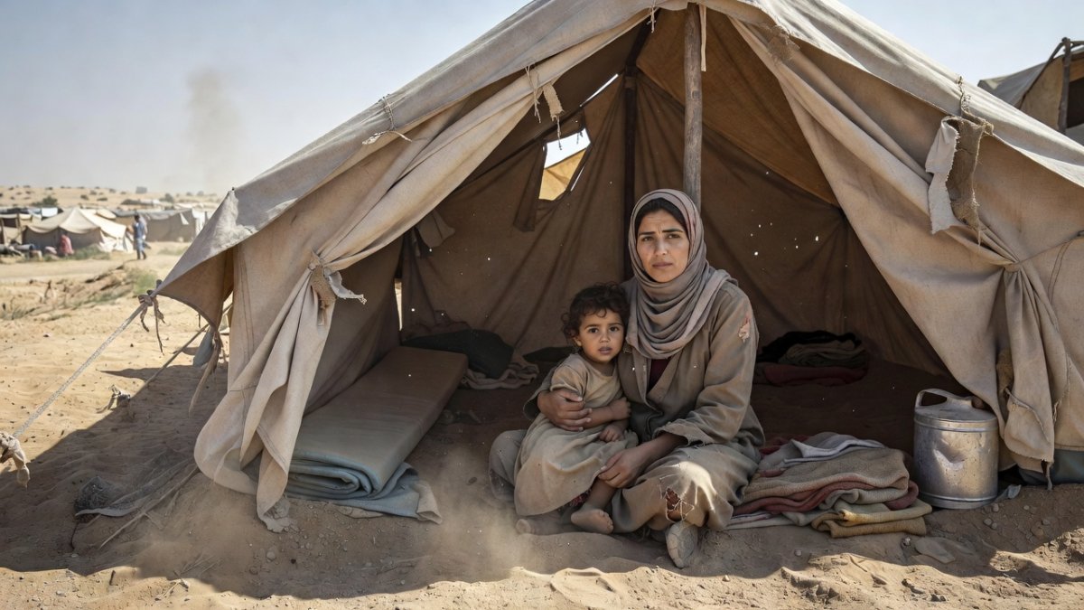 Palestinian mother and child in a displacement camp tent in Gaza