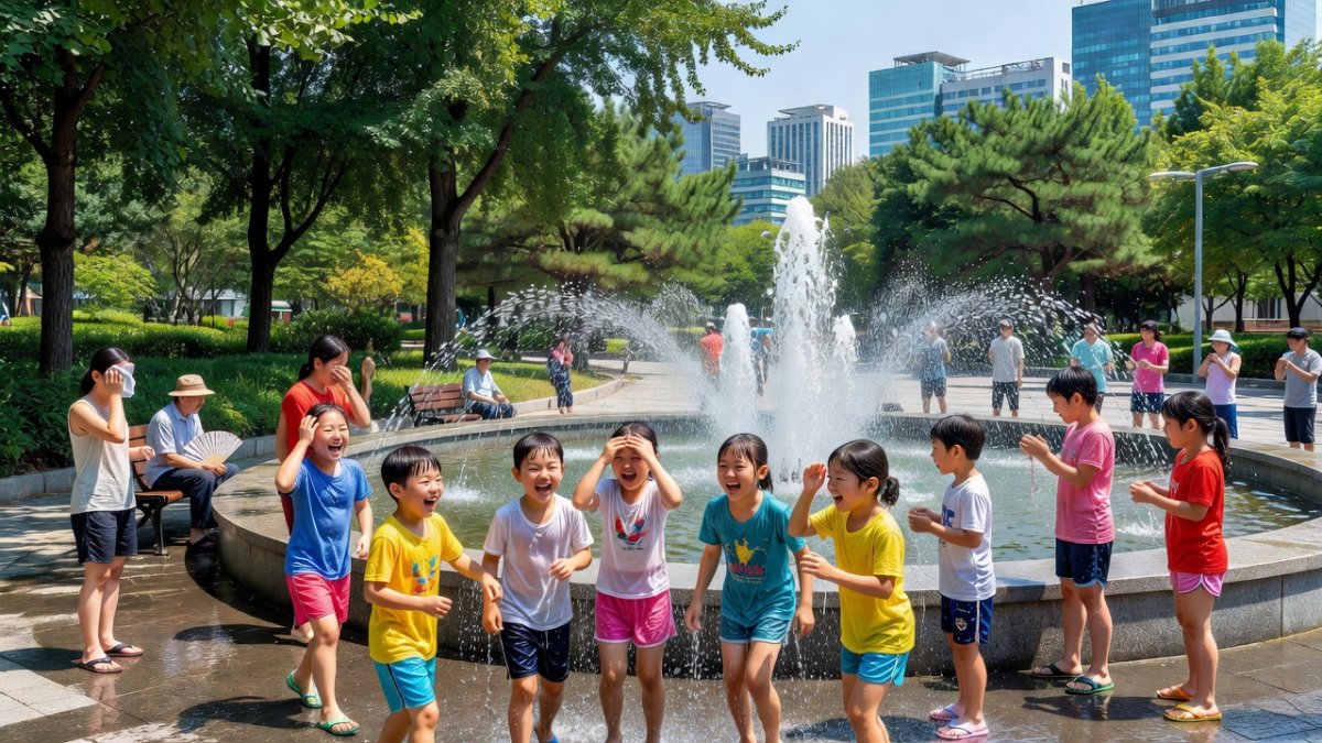 Seoul residents cooling off at public water fountain in Seoul Forest during summer heat wave
