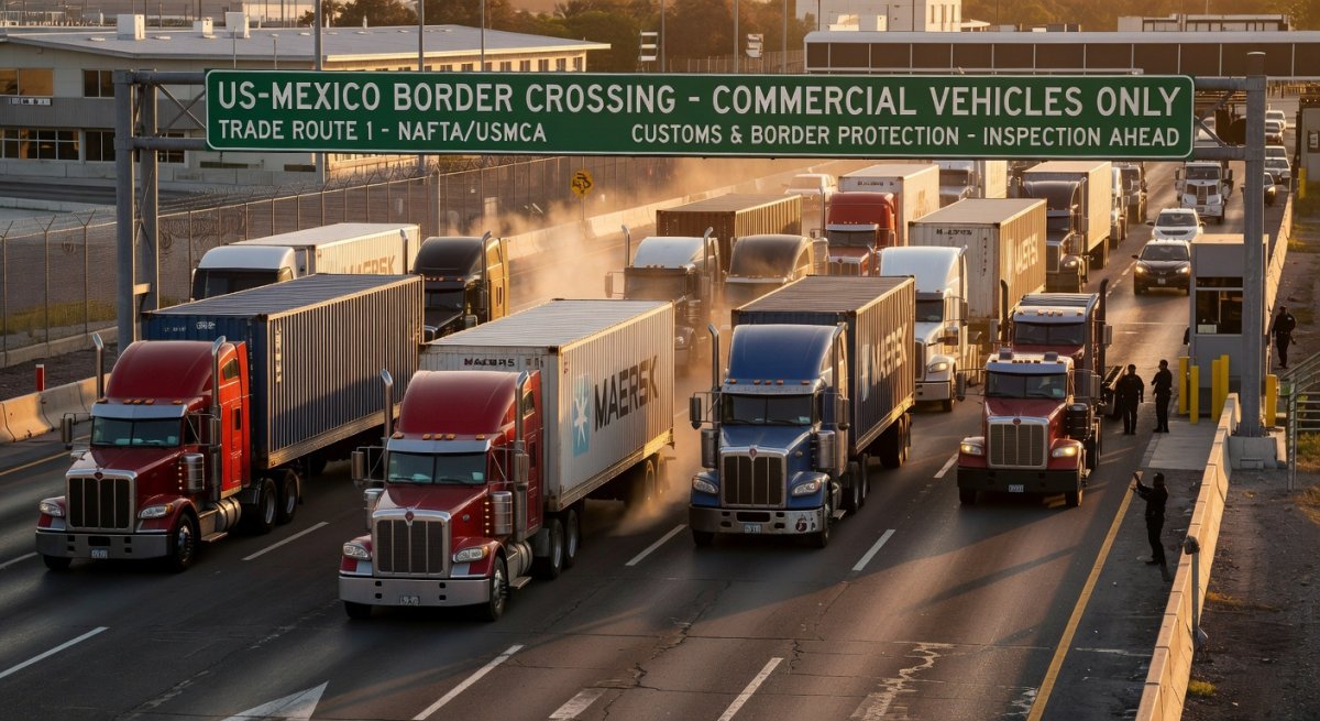 Busy commercial border crossing between the United States and Mexico with cargo trucks