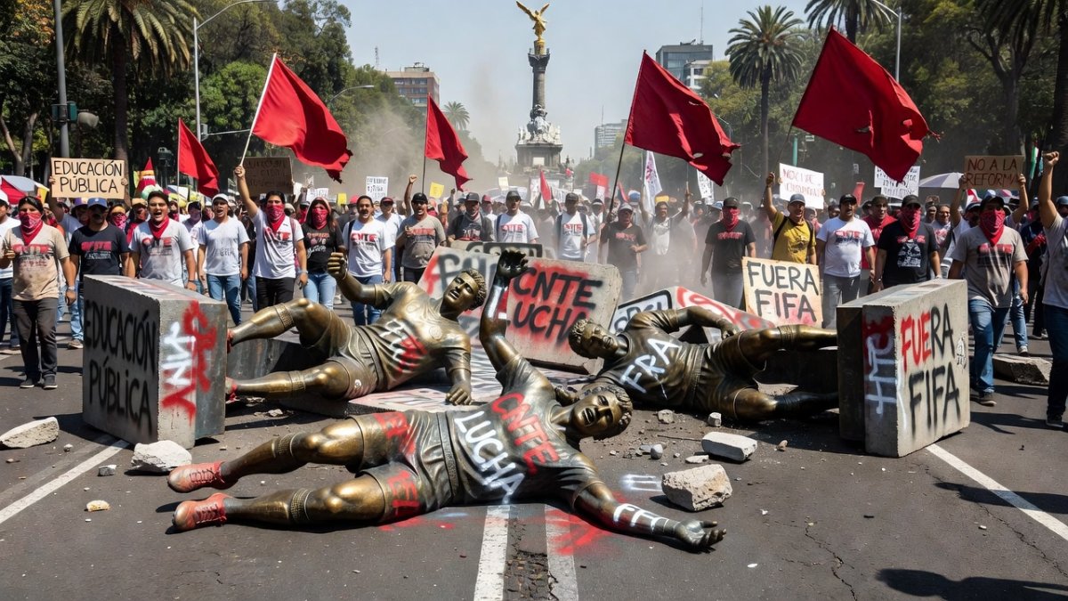 Vandalized World Cup soccer player statues on Paseo de la Reforma damaged by protesting CNTE teachers