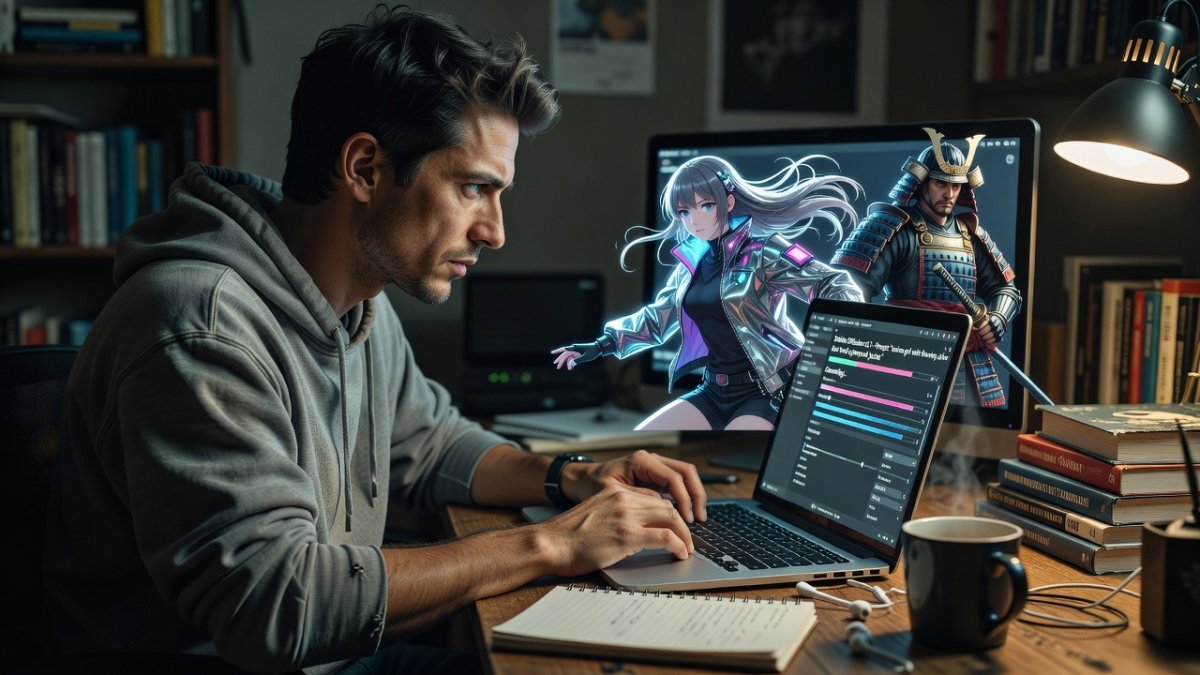 Person using open-source AI anime model on laptop