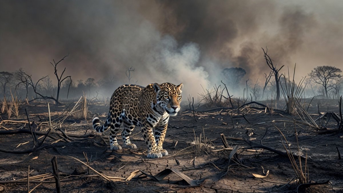 A jaguar walking through a charred burned landscape in the Pantanal wetlands after a wildfire, highlighting the impact of fires on apex predators and biodiversity