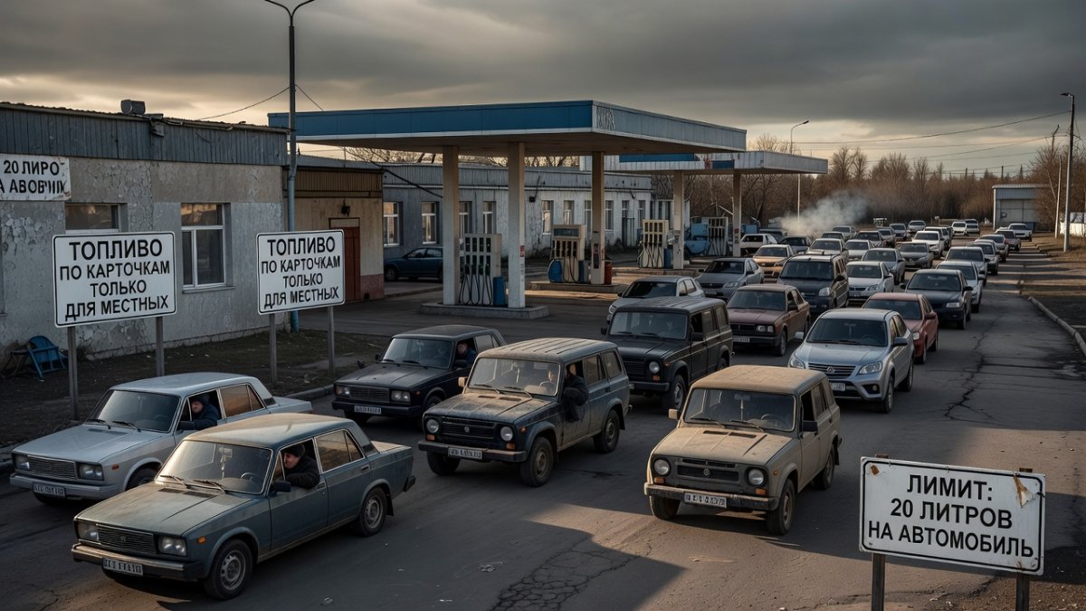 Fuel station with rationing signs in Russia amid shortages