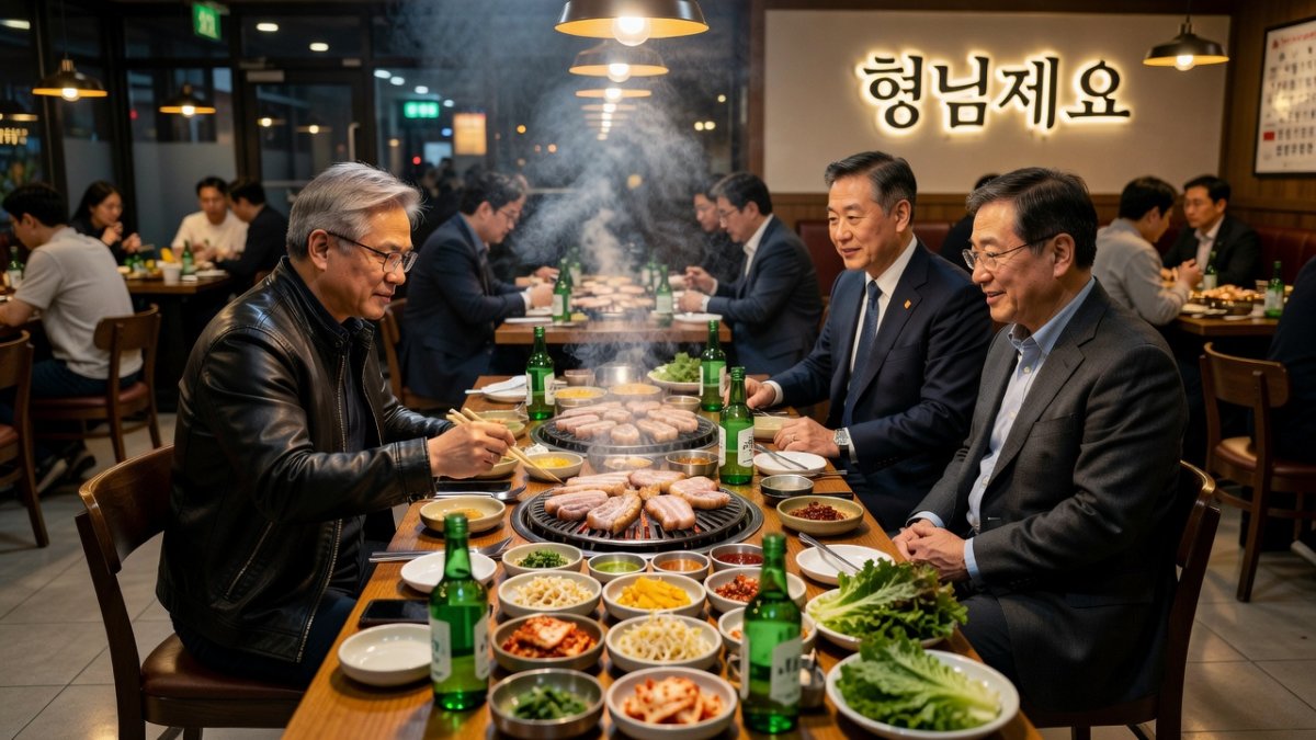 Nvidia CEO Jensen Huang with Korean chaebol leaders at samgyeopsal dinner in Seoul