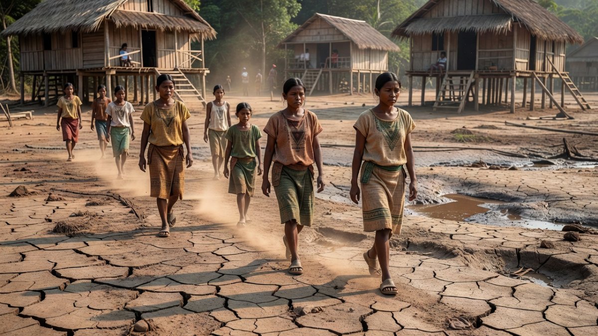 Indigenous Tikuna community walking along dry riverbed near Leticia Colombia during drought