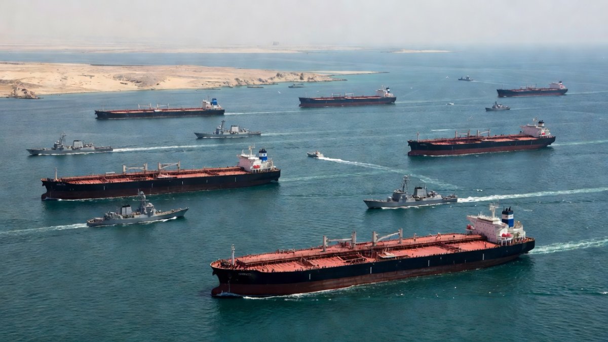 Aerial view of the Strait of Hormuz showing tankers and military vessels