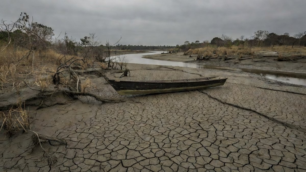 Shallow exposed riverbed with stranded boat along the Rio Negro, illustrating the impact of drought on Amazon river communities
