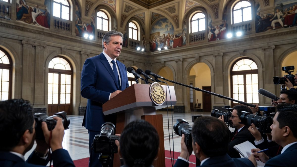 Economy Secretary Marcelo Ebrard speaking at President Sheinbaum's mañanera press conference at Palacio Nacional in Mexico City
