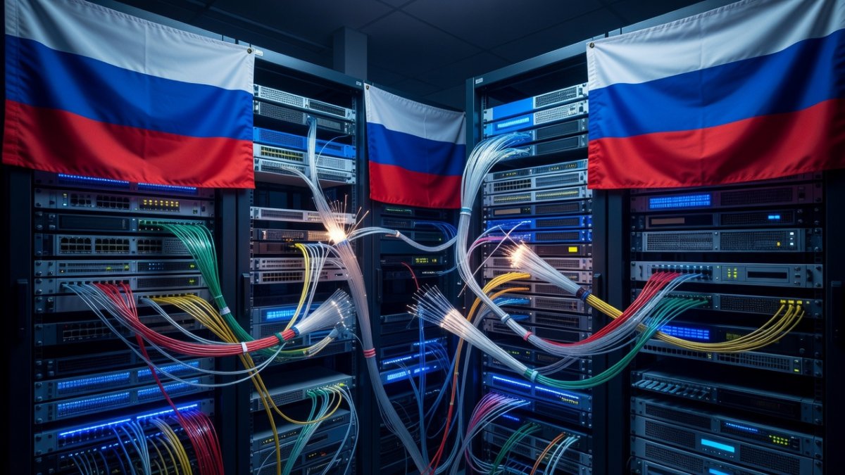 Russian server room with fiber optic cables symbolizing internet infrastructure and digital censorship concerns