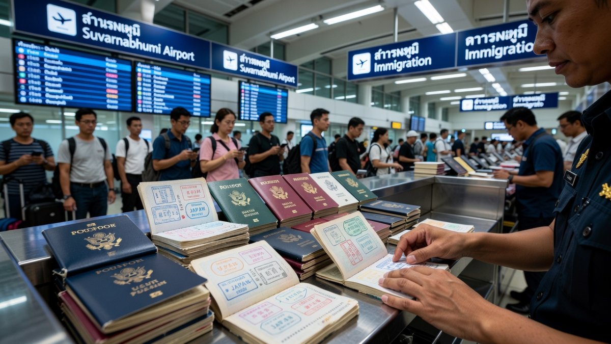 Passport and visa documents at Suvarnabhumi Airport immigration counter