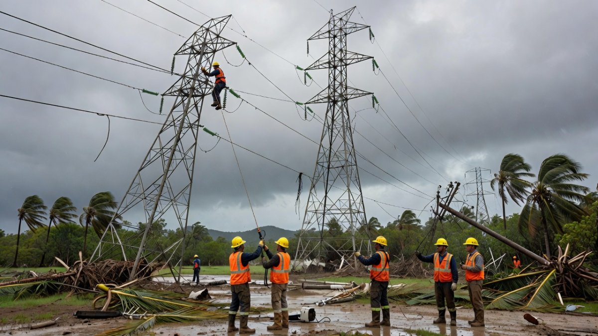 Technicians working on Jamaica's electricity transmission lines during restoration efforts