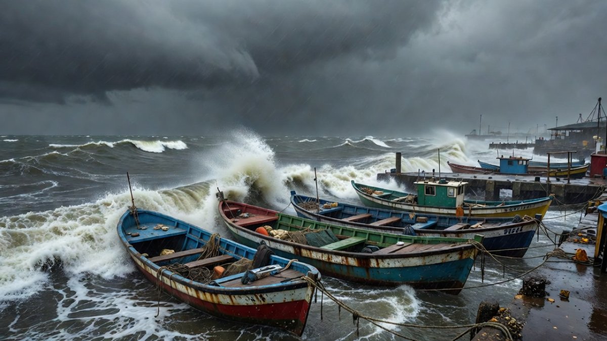 Fishing boats docked at Veracruz port during stormy Gulf weather