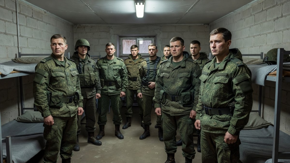Russian soldiers in military barracks setting