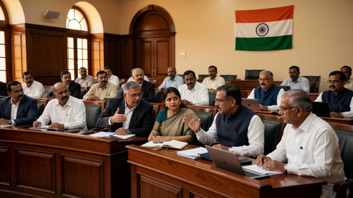 Indian Parliament committee room with officials in discussion