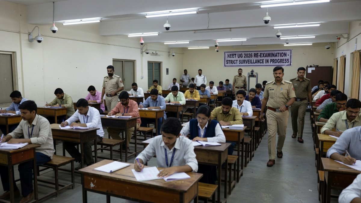 NEET UG 2026 re-examination hall with CCTV cameras and security