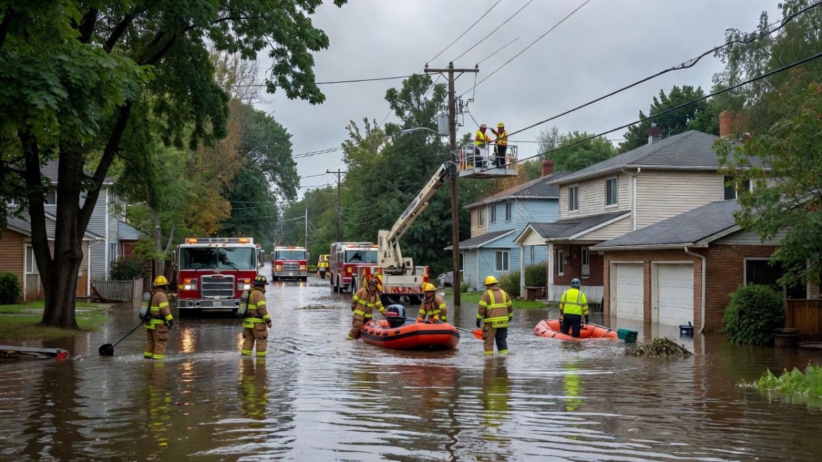 Rescue crews navigate flooded streets in Dollard-des-Ormeaux after heavy rainfall overwhelmed drainage systems on June 20, 2026