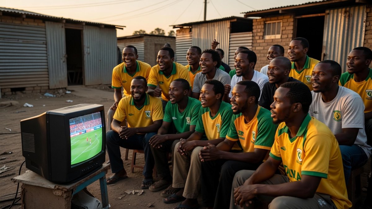 South African football fans gathered around a television watching the 2026 FIFA World Cup, Bafana Bafana jerseys visible