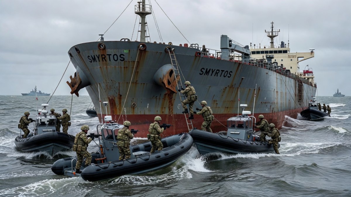Royal Marine Commandos boarding Russian shadow fleet tanker SMYRTOS in the English Channel