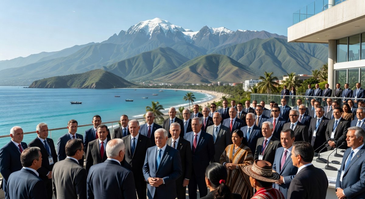 Delegates at the Santa Marta conference hall overlooking the Caribbean