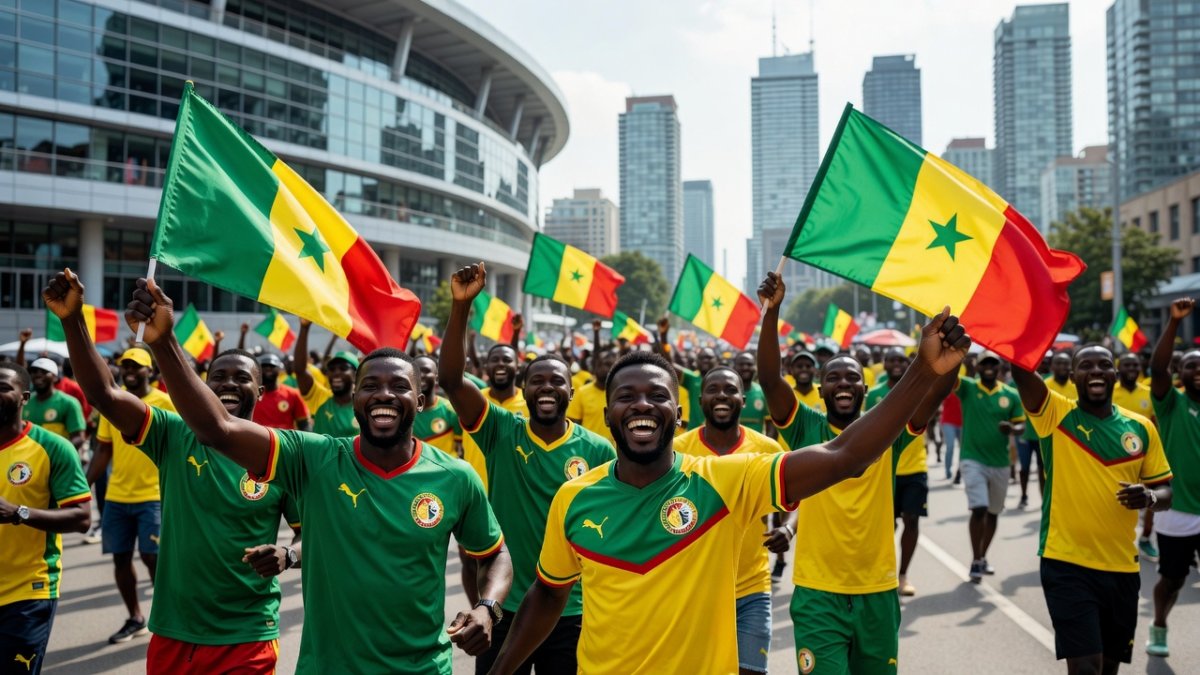 Senegal football fans celebrating outside the stadium in Toronto during the 2026 FIFA World Cup