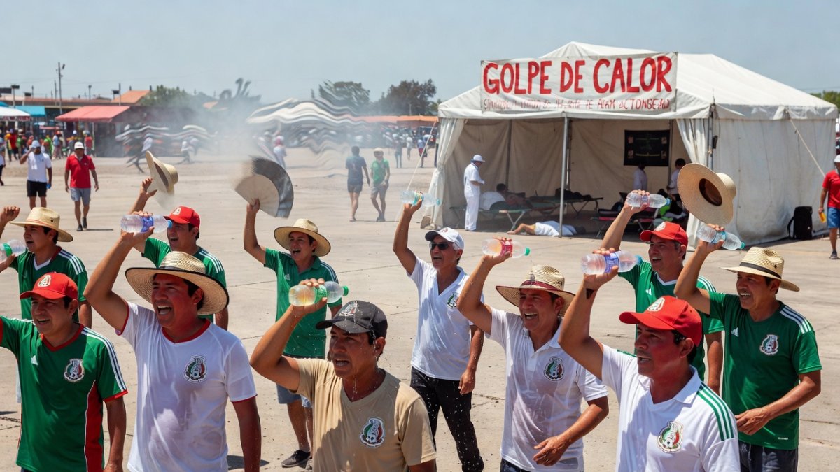 Latin American football fans at outdoor fan zone struggling with extreme heat and heatstroke risk during 2026 World Cup