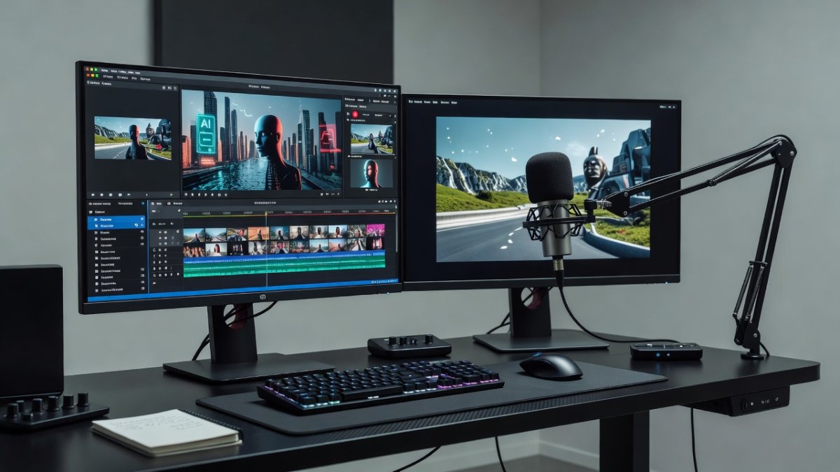 Content creator workspace with AI-generated video clips