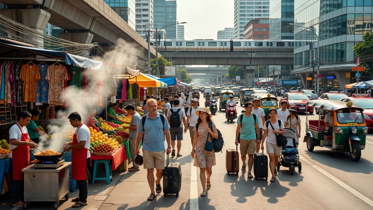 Tourists on Sukhumvit Road in Bangkok with city skyline