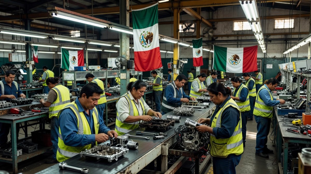 Mexican maquiladora workers assembling auto parts on a production line